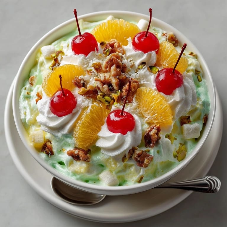 A vibrant green Pistachio Marshmallow Fluff Salad, garnished with colorful maraschino cherries.