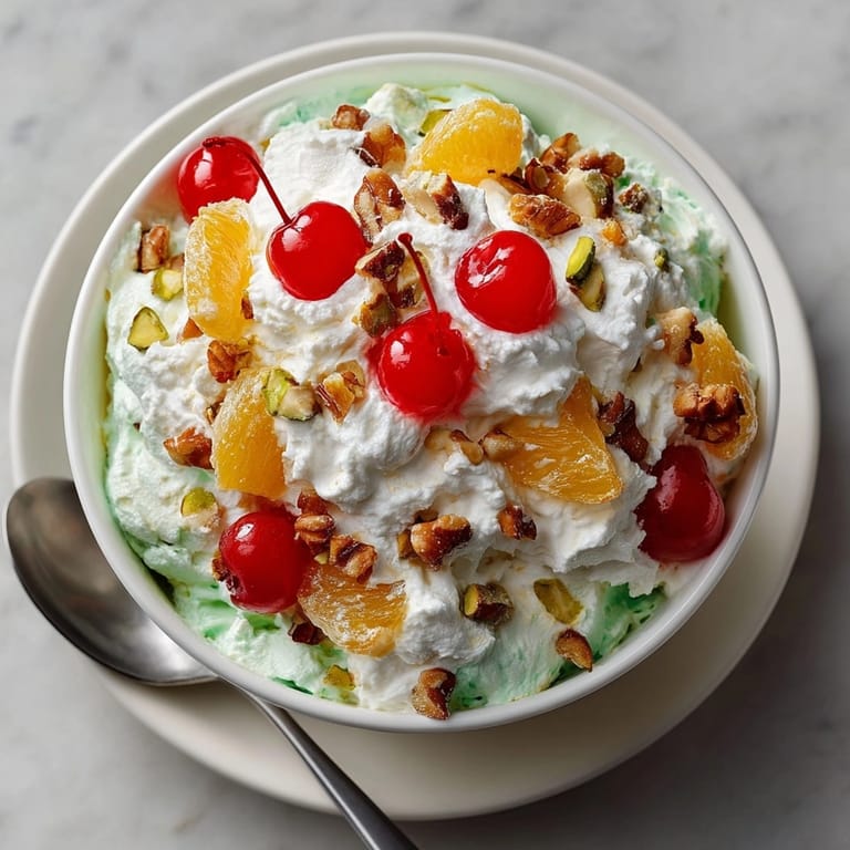 Retro Pistachio Marshmallow Fluff Salad: Sweet pineapple, fluffy marshmallows, and creamy pudding.
