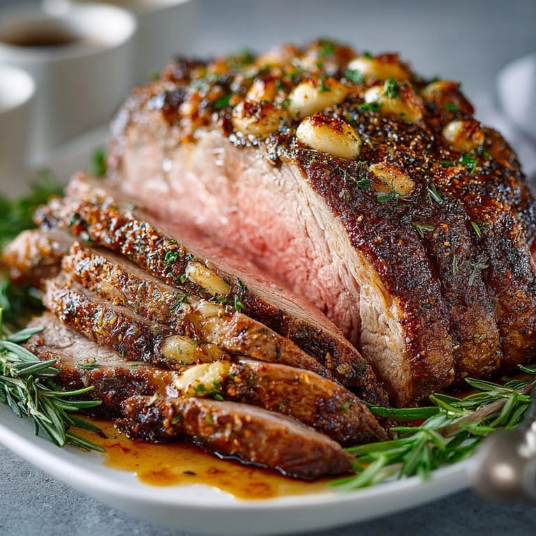 Close-up of savory Roasted Garlic &amp; Rosemary Prime Rib, glistening with flavorful au jus.
