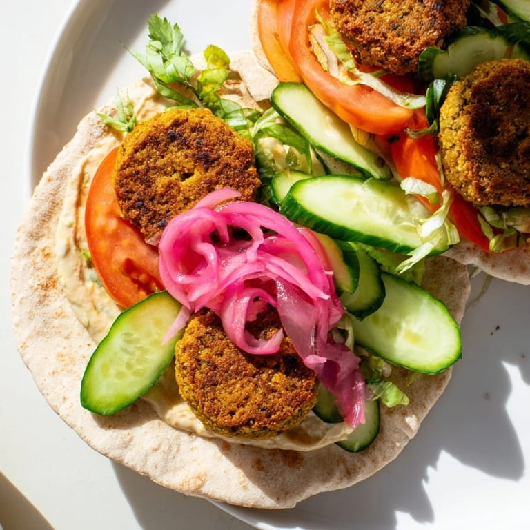 Close-up of a warm, stuffed falafel pita, showcasing the crispy fritters inside.