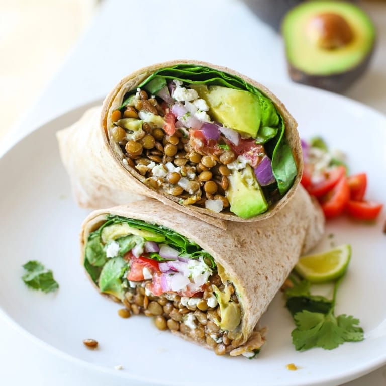 Close-up of a sliced Avocado Lentil Breakfast Wrap showing colorful, fresh ingredients inside tortilla.