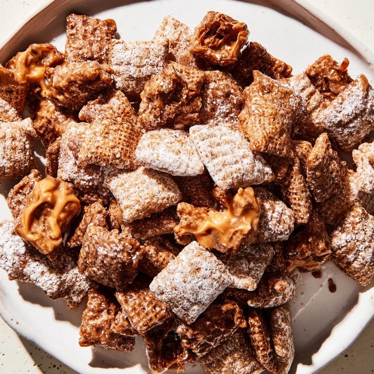 Indulgent bowl of Thanksgiving Chai-Spiced Puppy Chow, overflowing with cozy flavors and textures.