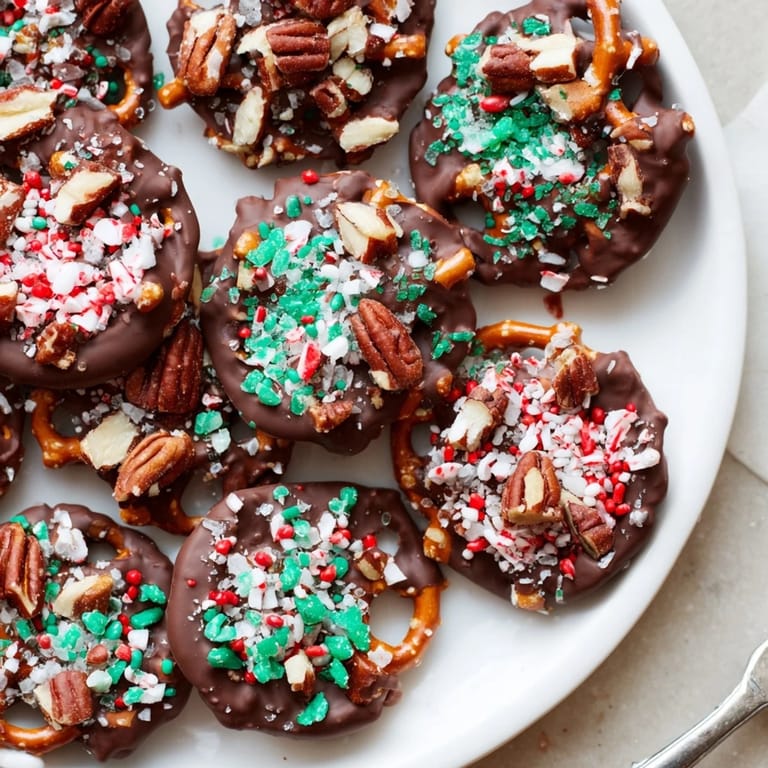 Deliciously coated Holiday Snack Chocolate Pretzel Thins drizzled in semi-sweet chocolate.  