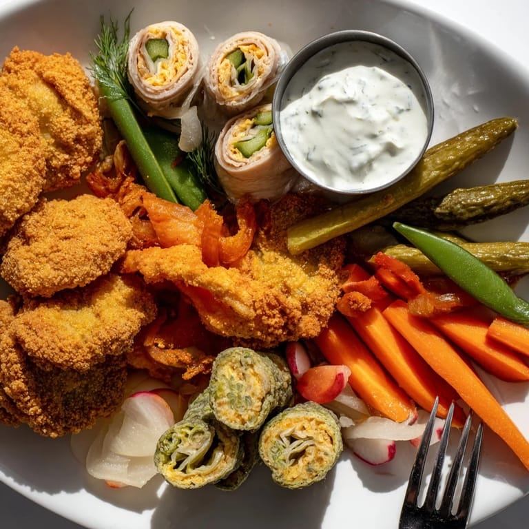A vibrant platter of Pickle Lovers Meal featuring tangy fried pickles and dips.  