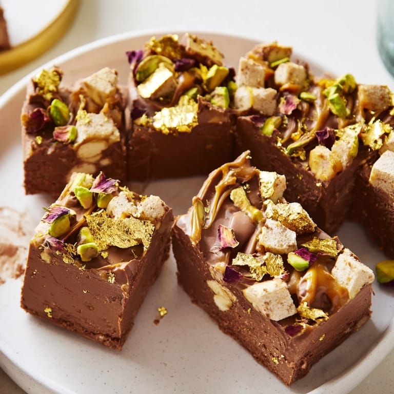 Indulge in a luxurious chocolate bar inspired creation topped with rose petals.  