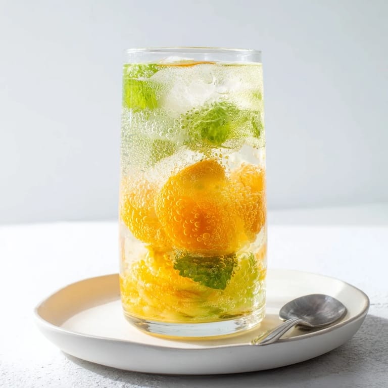 Citrusy probiotic soda mocktail with vibrant mint, perfect for warm weather enjoyment.