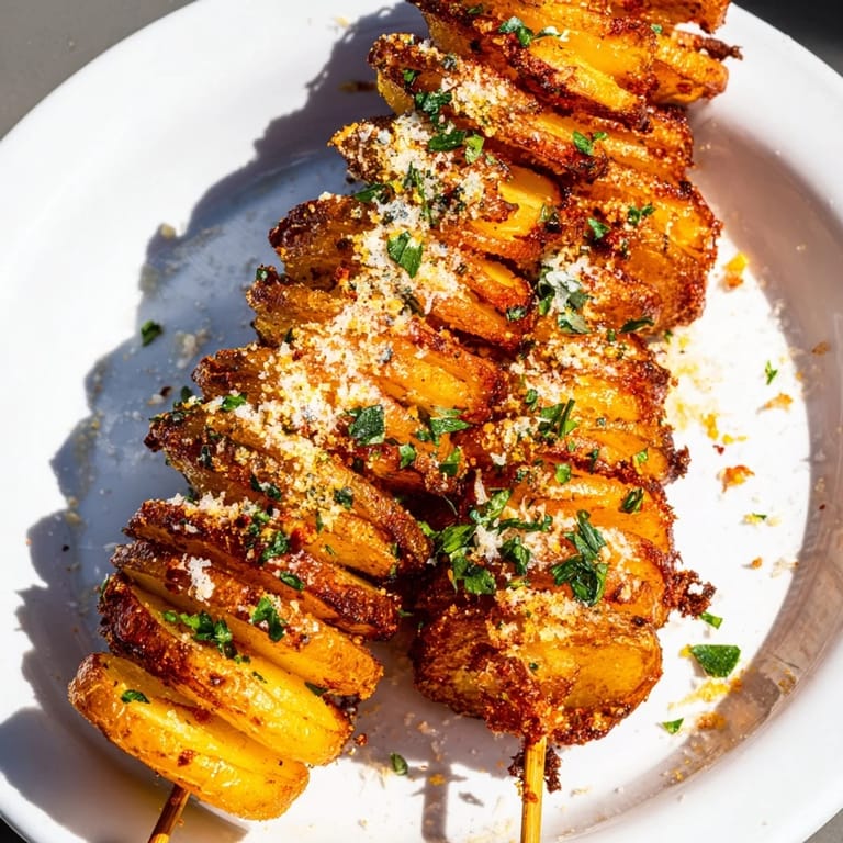 Golden spiral potatoes seasoned with garlic and paprika, ideal as a fun side dish.  