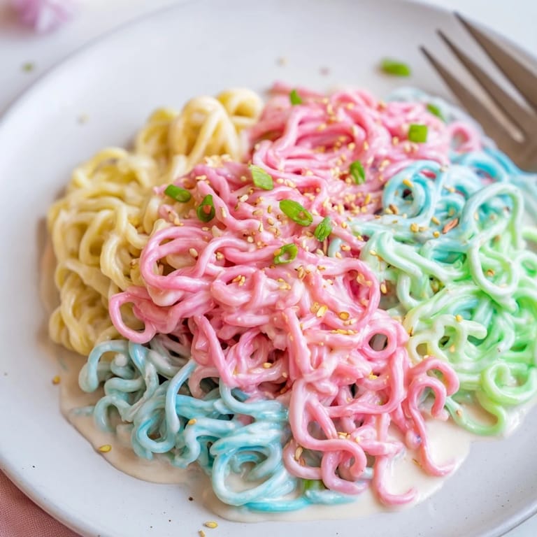Vibrant Neon Noodle Cloud nestled in creamy sauce, delightful for kids and adults.  