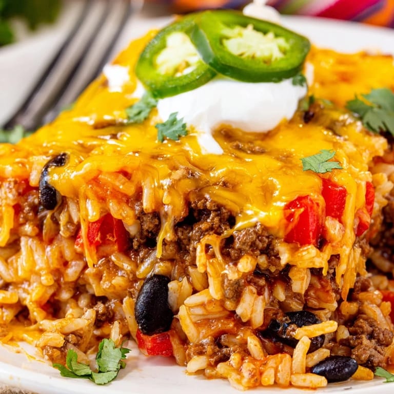 Satisfying Tex-Mex Beef & Rice Casserole, perfect with sour cream and jalapeños.