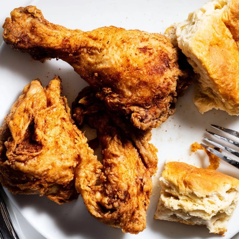 Golden, crispy Southern fried chicken alongside fluffy buttermilk biscuits, a comforting feast.