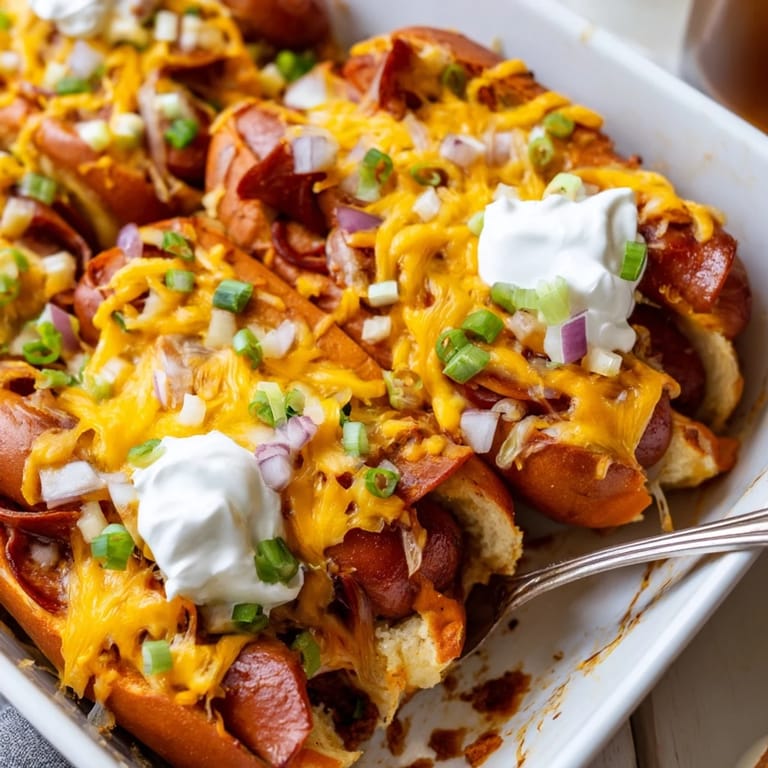 Delicious Chili Dog Casserole layered with hot dogs, chili, and melted cheddar.  