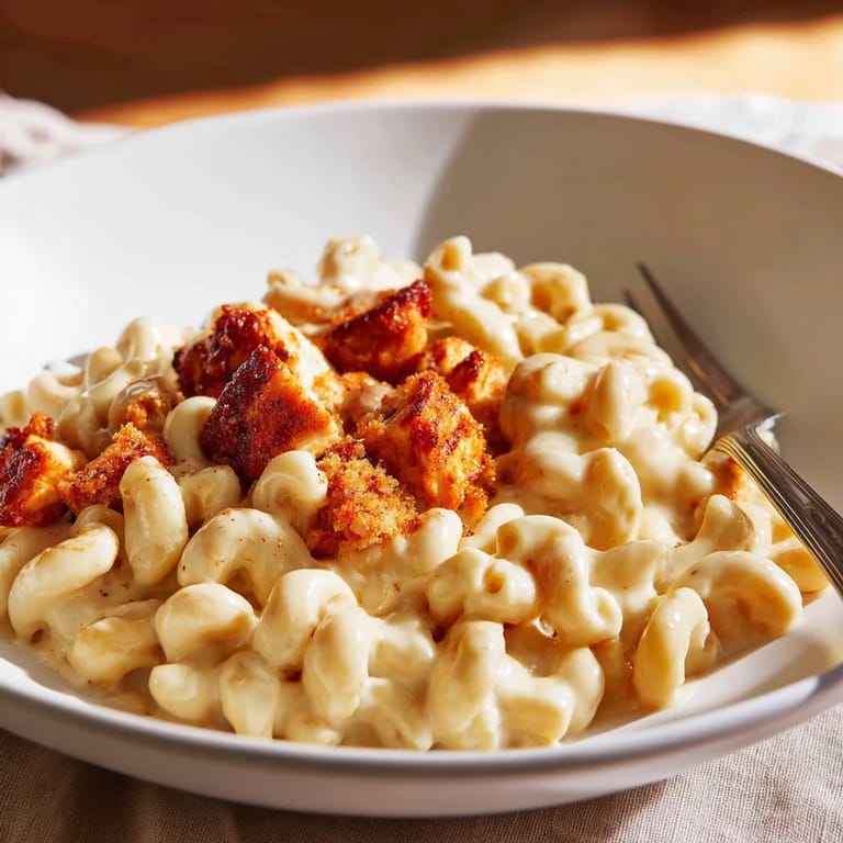 Delicious classic mac & cheese smothered in barbecue chicken, served hot and cheesy.