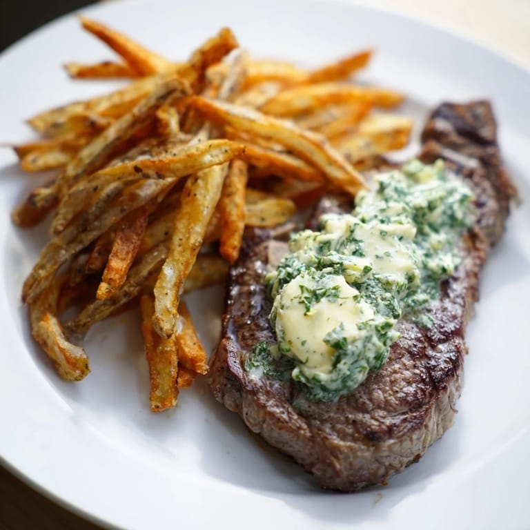 Enjoy a close-up of a juicy Steakhouse Garlic Butter Steak & Fries, ready to be topped with melting garlic butter.