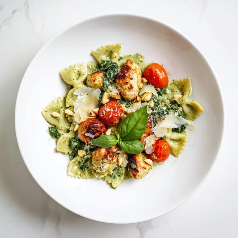 A photo of flavorful pesto chicken bowtie pasta, garnished with toasted pine nuts and Parmesan.