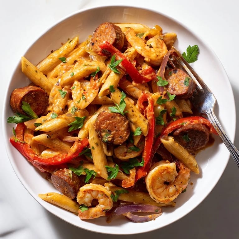 This Cajun Sausage & Shrimp Alfredo pasta skillet shows off tender shrimp and sausage bathed in a rich, flavorful sauce.