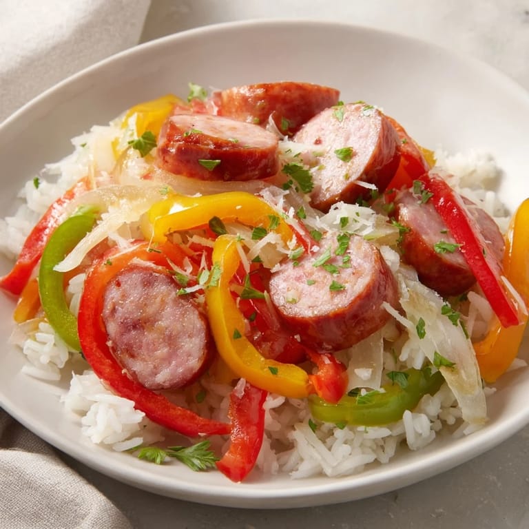 Sizzling Italian Sausage & Peppers Rice, a comforting Italian-American classic plated with fresh parsley.