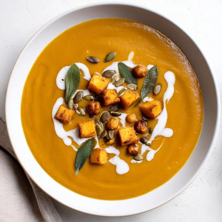 Warm bowl of Chickpea, Pumpkin & Sage Soup: a vegan, gluten-free delight, garnished with sage.