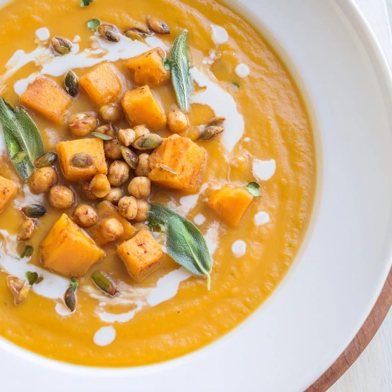 Enjoy a spoonful of flavorful Chickpea, Pumpkin & Sage Soup, perfect for a cozy, chilly evening meal.
