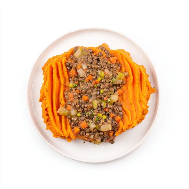 A delicious, steaming plate of Veggie Shepherd's Pie; enjoy the rich flavors of savory lentils and vegetables baked.