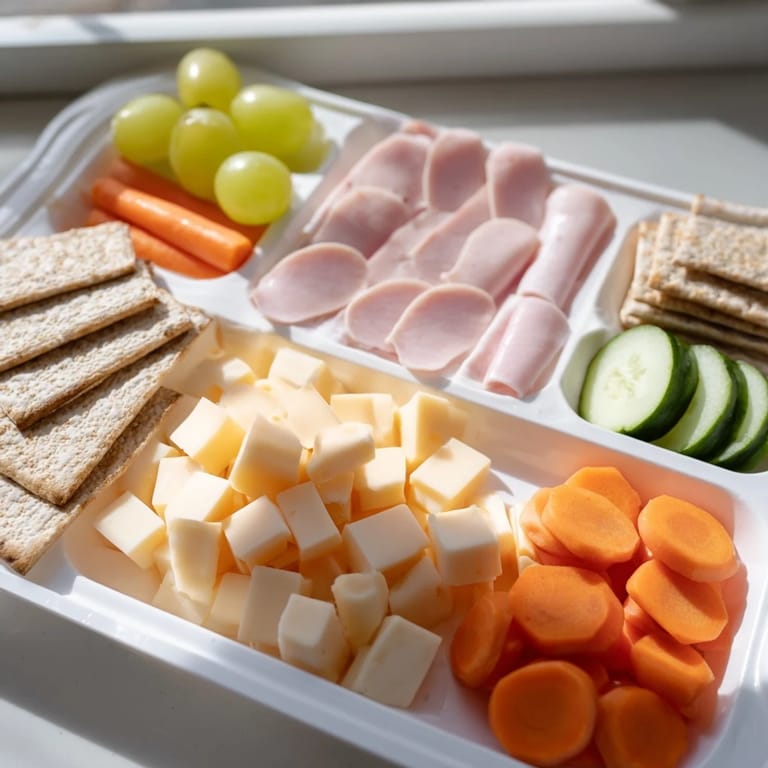 A prepared DIY Lunchables tray shows off sliced meats, cheeses, crackers, and healthy vegetables.