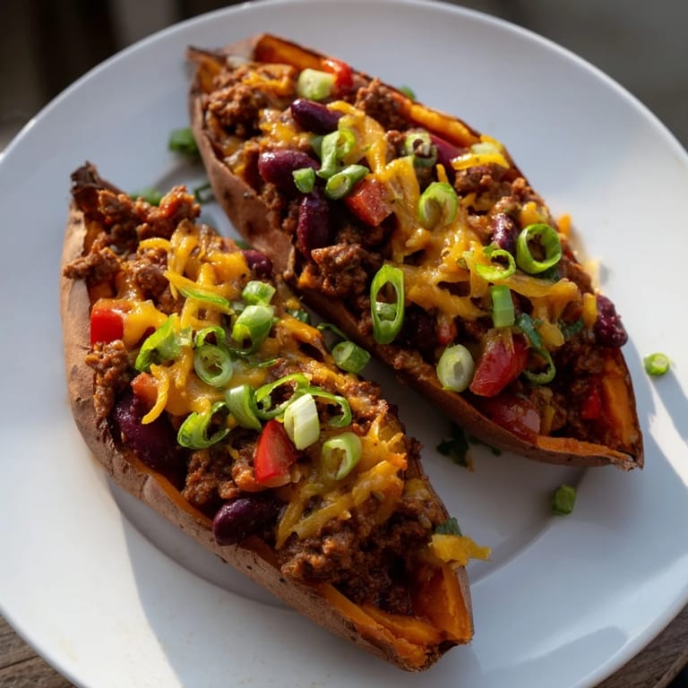 Golden baked sweet potato halves overflowing with hearty chili, perfect comfort food for dinner.