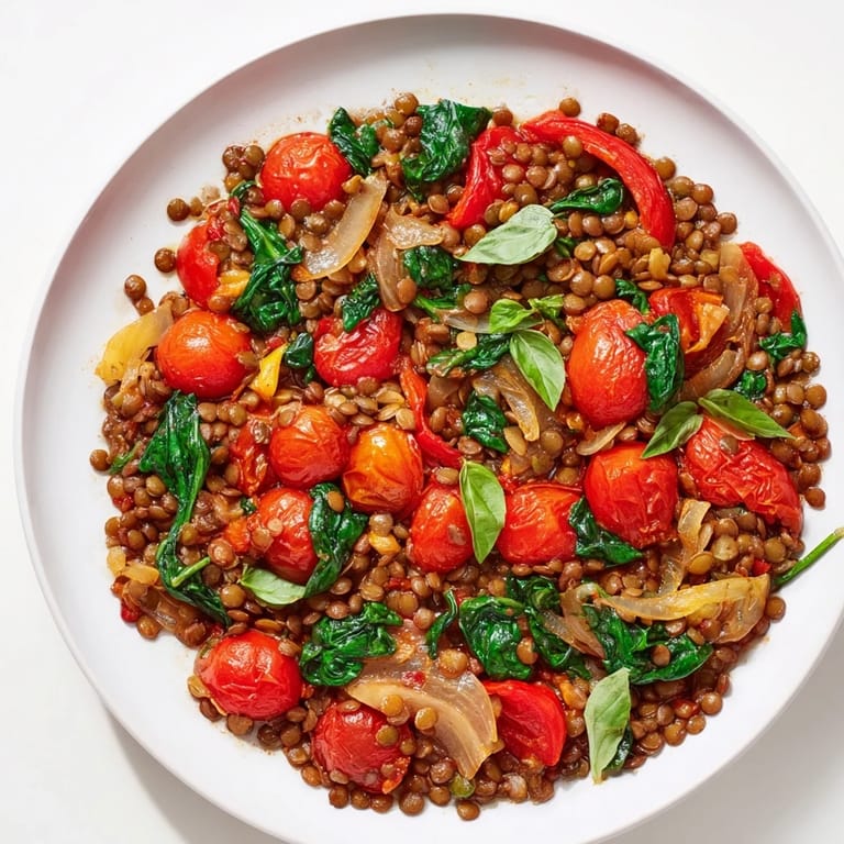 Close-up of a flavorful Lentil-Tomato Skillet, a one-pan Mediterranean masterpiece ready to be served.