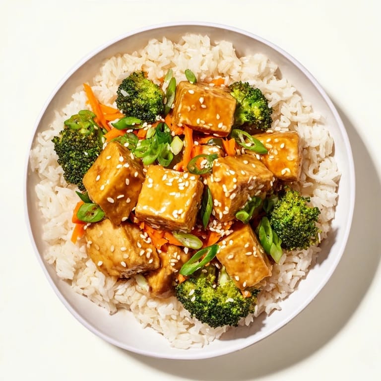 A vibrant bowl of sesame tofu & broccoli with rice, showcasing tender veggies and sesame seeds.