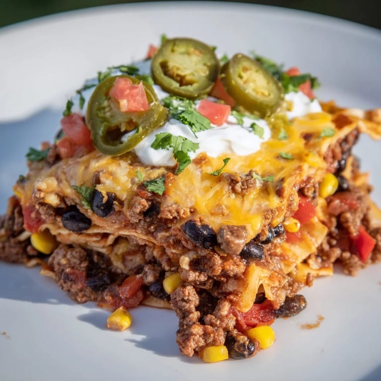 Warm and comforting: A photo of homemade Taco Lasagna, a family-favorite Tex-Mex meal.