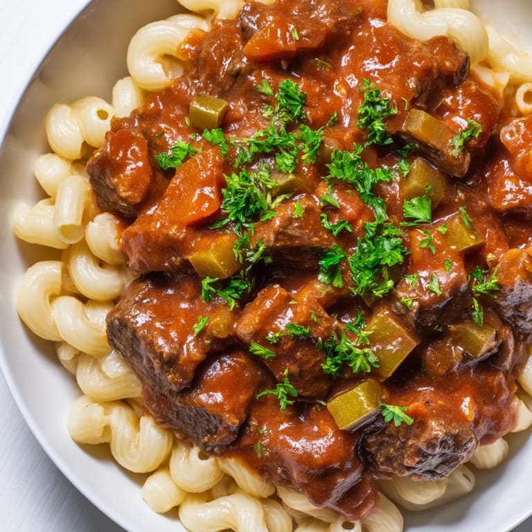 A flavorful bowl of homemade goulash featuring beef, tender pasta, and savory spices.