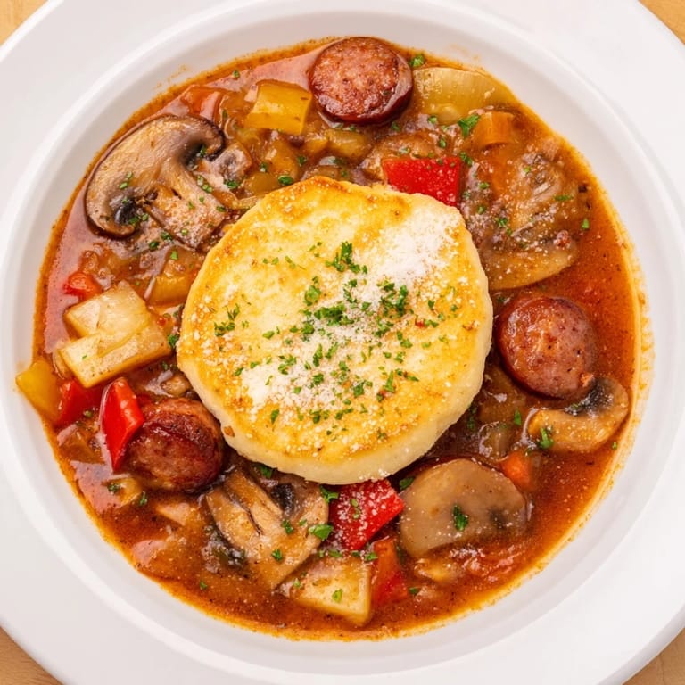 A steaming bowl of Pizza Pot Pie Soup, perfect for a cozy, comforting meal.