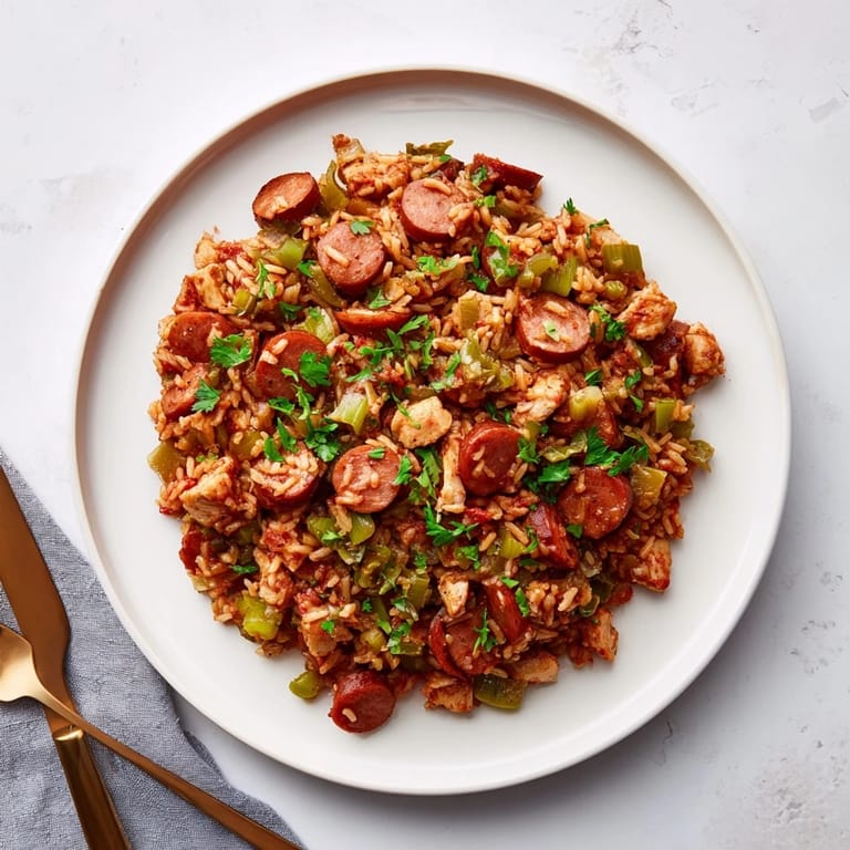 Oven-baked Simple Chicken and Sausage Jambalaya Bake, showcasing a rich, tomato-based rice dish.