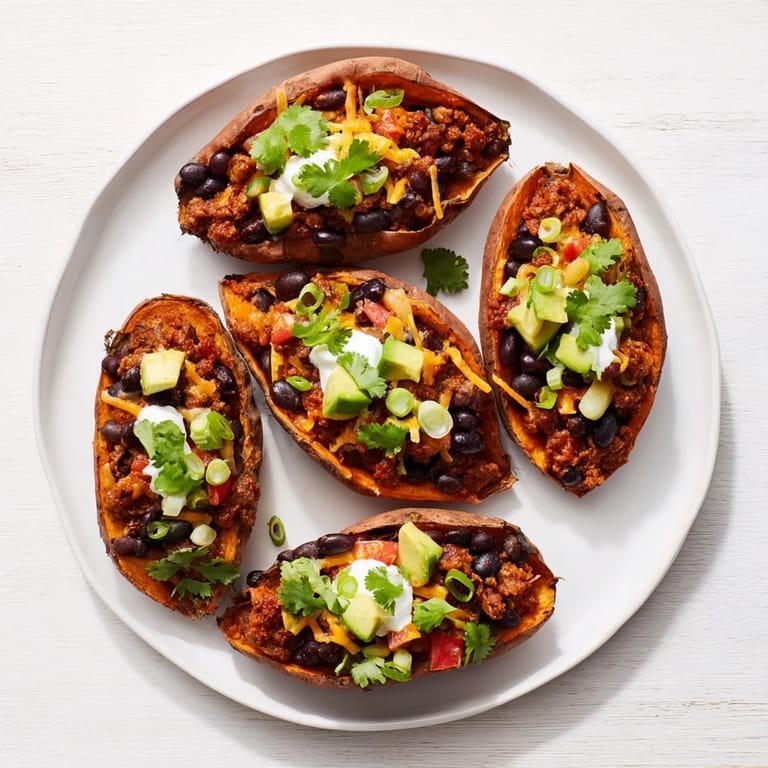 A close-up of a fully loaded Savory Baked Sweet Potato Chili Boat, overflowing with beans and toppings.