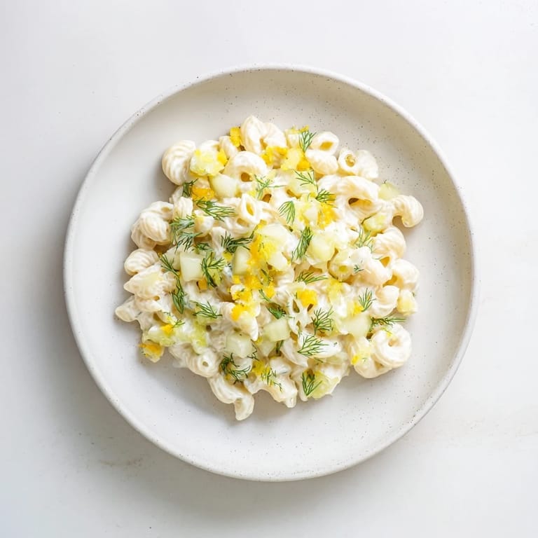 A close-up shot of a creamy bowl of Pickle Mac and Cheese, speckled with bright green pickles.