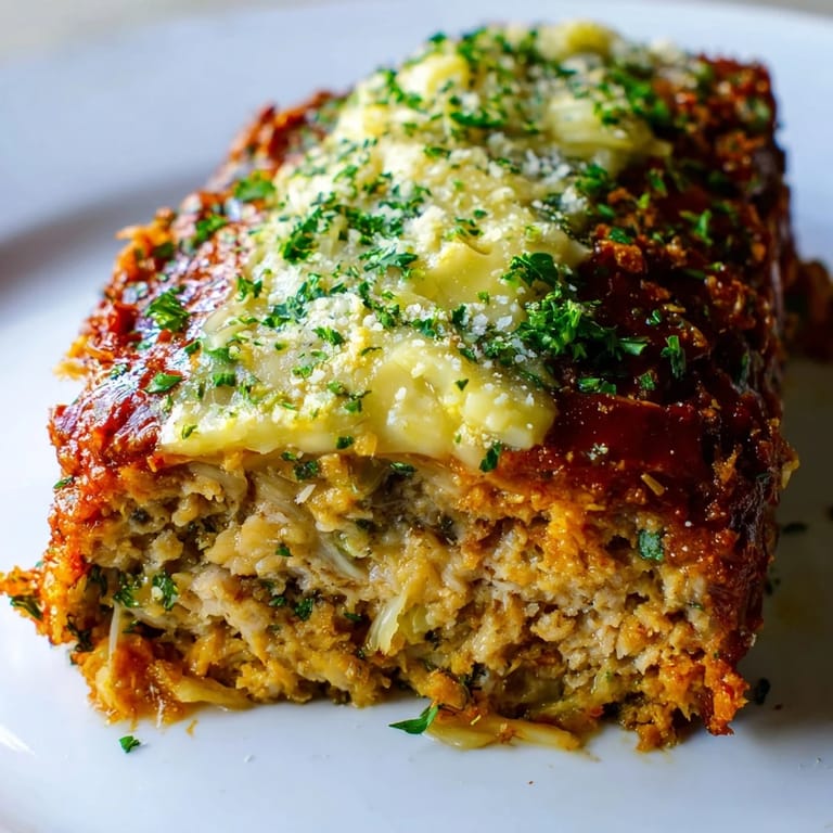 A close-up of a perfectly sliced, tender Garlic Parmesan Chicken Meatloaf, a comforting family meal.