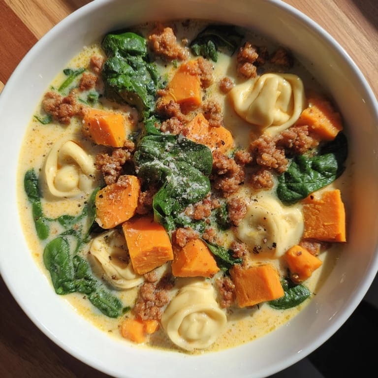 Close-up of a rustic bowl filled with Creamy Sausage Tortellini Soup, loaded with sausage and veggies.