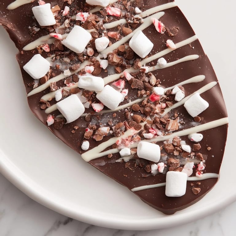 Indulgent American dessert: Homemade Hot Chocolate Bomb Bark, showcasing a delectable combination of chocolate and toppings.