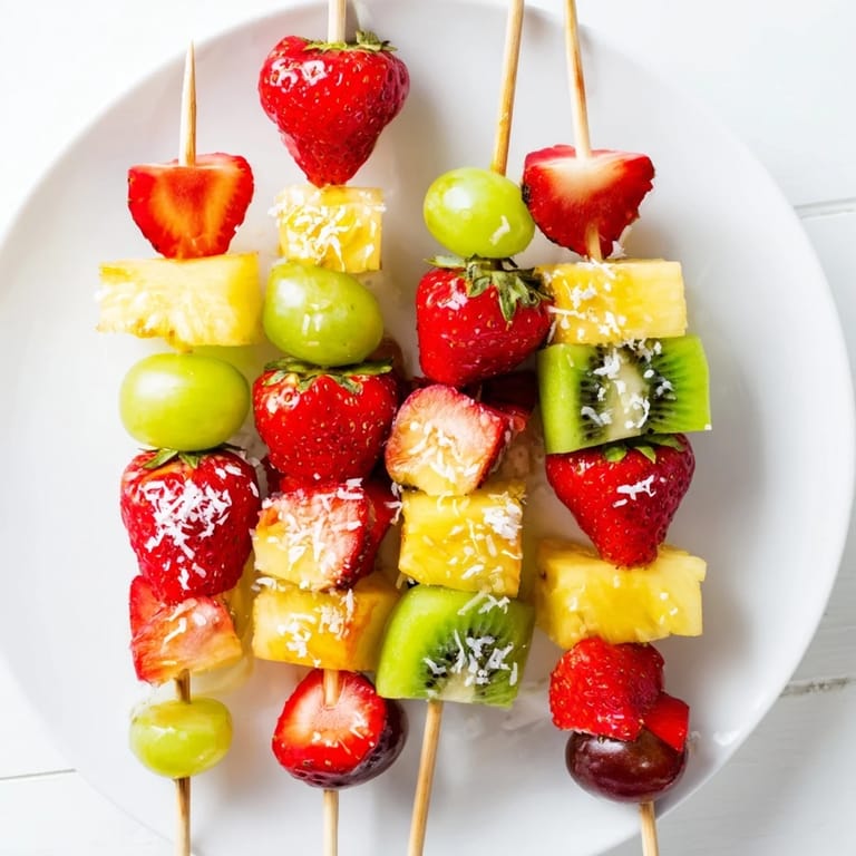 Sweet, juicy fruits on skewers: a delightful view of Easy Festive Fruit Kabobs, ready to enjoy.