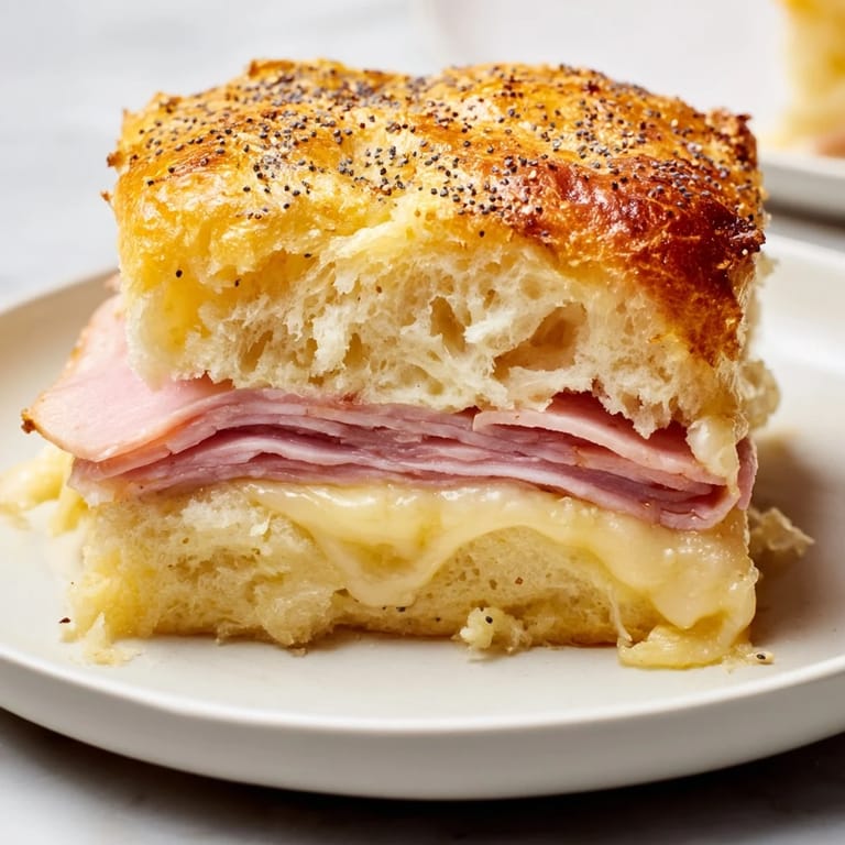 Warm, bubbling Budget-Friendly Ham & Cheese Sliders fresh from the oven, perfect for a casual lunch.