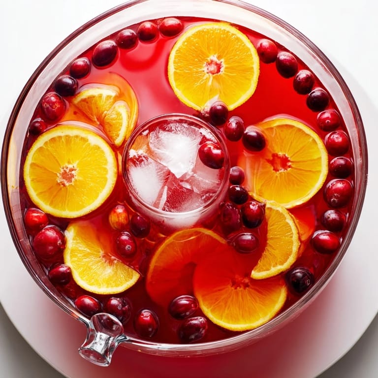 A refreshing close-up of Quick Holiday Punch with Ice Ring, a bubbly holiday drink ready to serve.