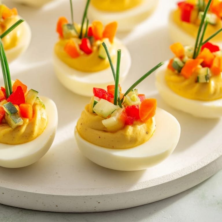 Creamy, flavorful Easy Festive Deviled Egg Ornaments are decorated with colorful, festive garnishes.