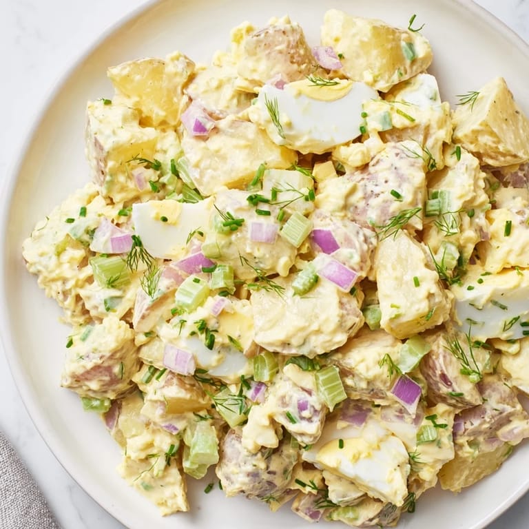 Colorful Chopped Egg and Potato Salad, ready to eat, with fresh herbs and a delicious, creamy look.