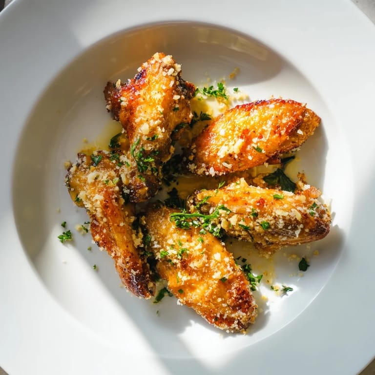 Sizzling, flavorful air fryer garlic-Parmesan chicken wings, served hot and ready to enjoy with cooling ranch.