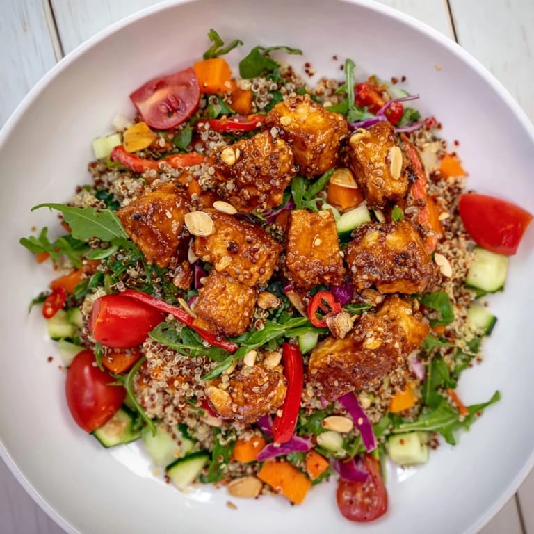 Savory Crunchy Quinoa Chicken Salad is glistening with a bright lemon dressing, ready to eat.