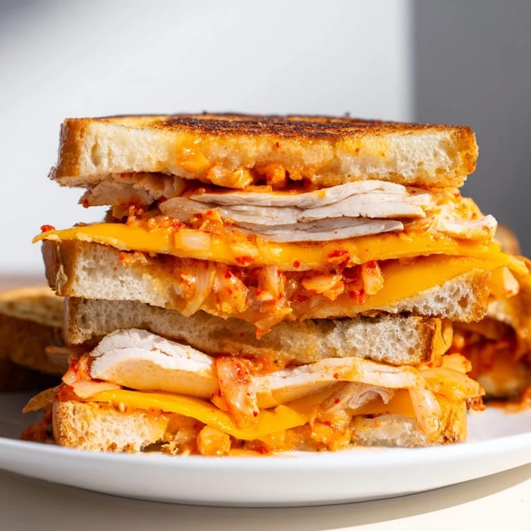 This Kimchi Turkey & Cheddar Toasted Grilled Cheese offers a vibrant pairing of flavors and textures, ready to eat.