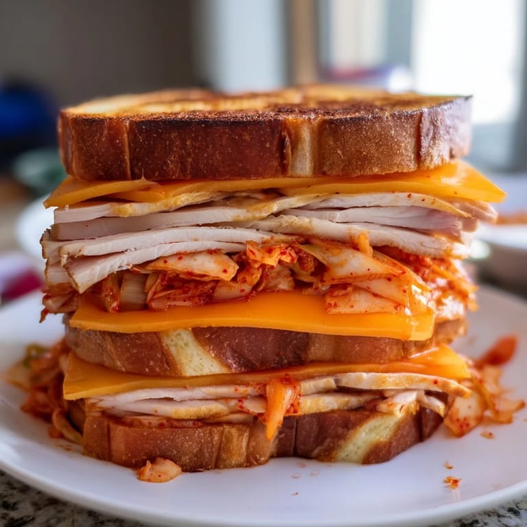 Golden, toasted Kimchi Turkey & Cheddar grilled cheese with bubbly cheese and savory turkey, ready to slice.