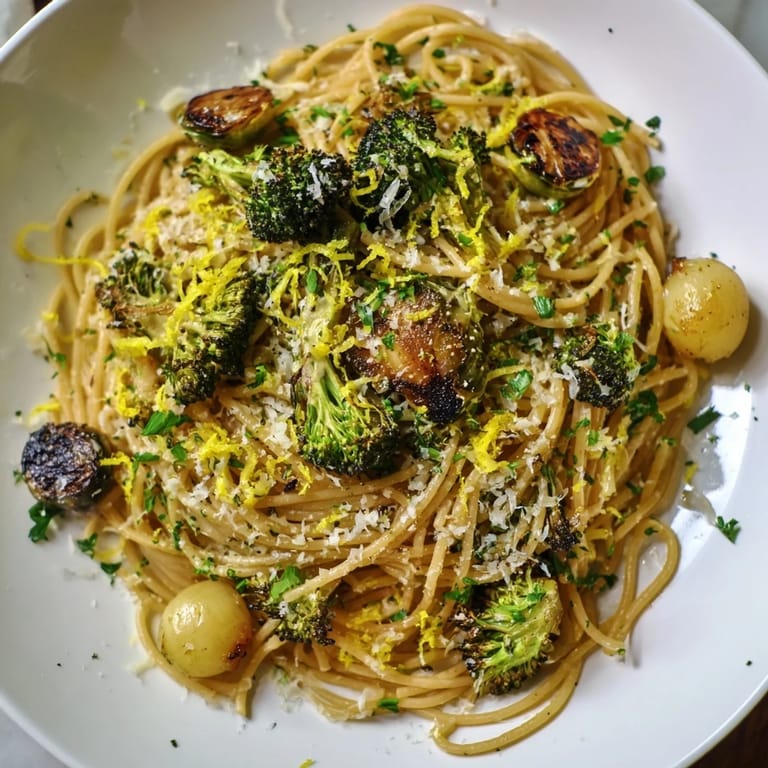 Lemony Roasted Garlic Lemon Broccoli Angel Hair Pasta, a delicious vegetarian pasta dish, perfect for lunch.