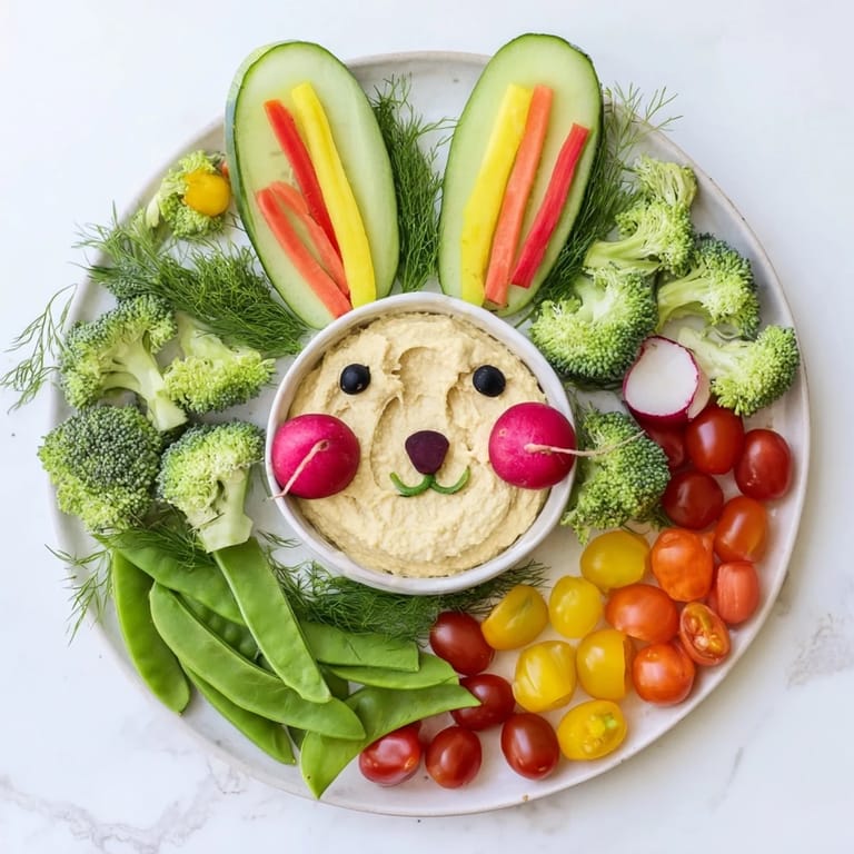 A whimsical Bunny Meadow Veggie Board showcases vibrant carrots, tomatoes, and broccoli surrounding creamy dip.