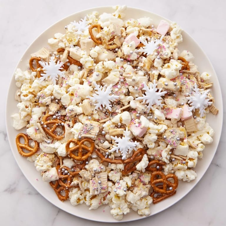 Melted white chocolate coats the pretzel-based Ski Season Snowflake Snack Mix, ready to be enjoyed.