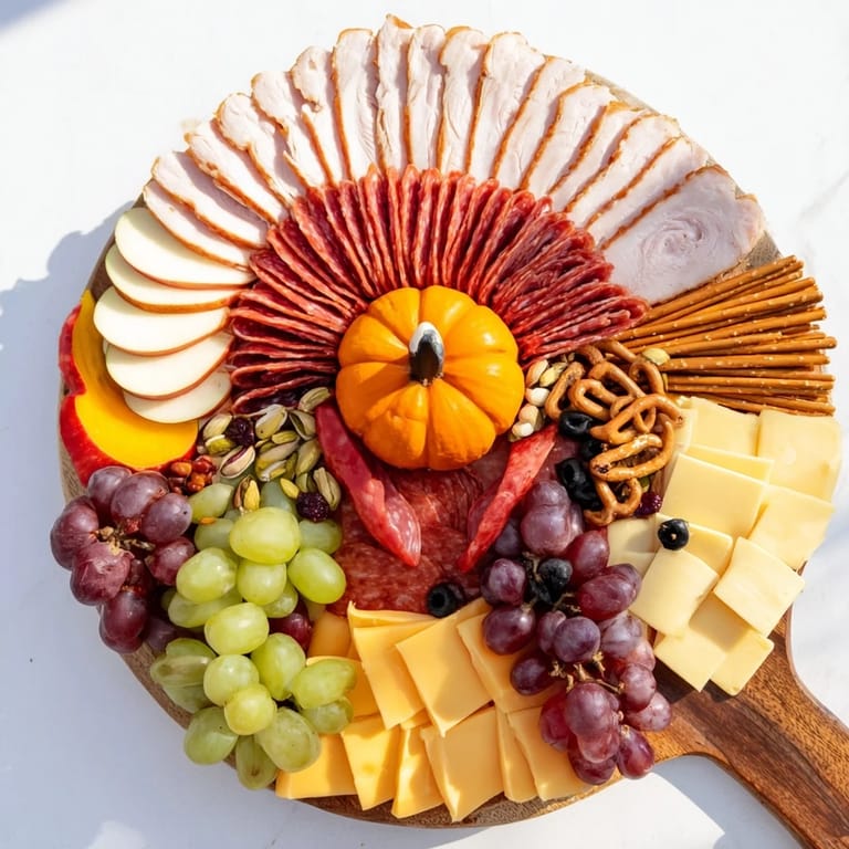 Close-up of a festive Wheat Field Thanksgiving Turkey Board, showcasing colorful cheeses, fruits, and crackers perfect for sharing.
