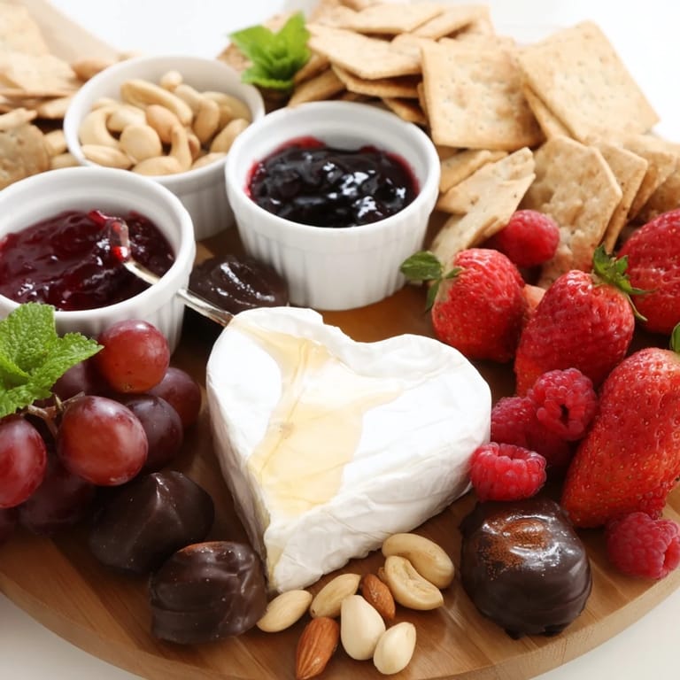 Delectable Sweetheart Brie and Jam Board with a heart-shaped Brie, perfect for sharing and easy enjoyment.